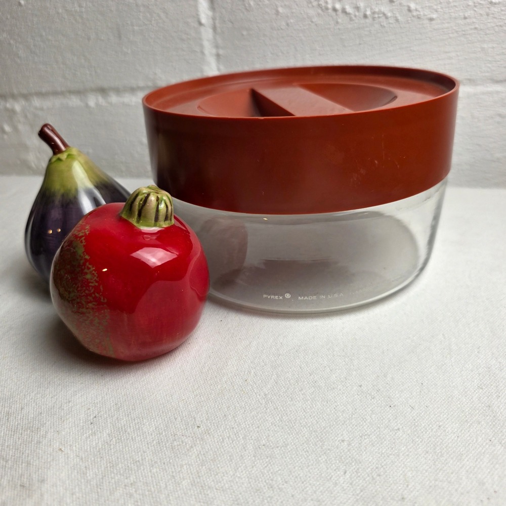 Vintage Pyrex Clear Glass Storage Dish with Burnt Orange Lid Round Made in USA